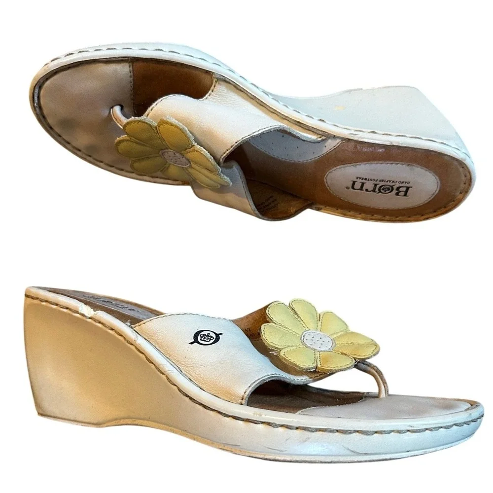 Born Off White Leather Floral Wedge Thong Sandals Women's 10